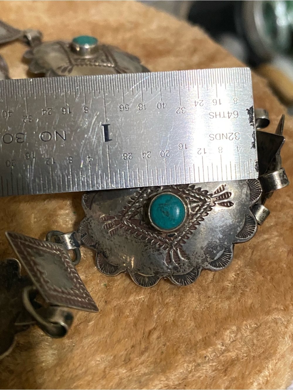 1940s Navajo Unsigned 11 Concho Belt Turquoise Sterling Silver Hand Stamped 28” - Picture 5 of 8